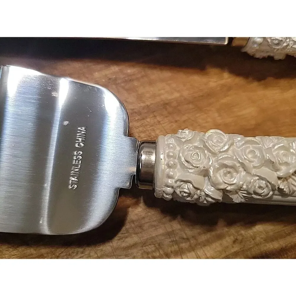 Vintage Stainless Steel Wedding Cake Server and Knife Set Rose Rhinestone